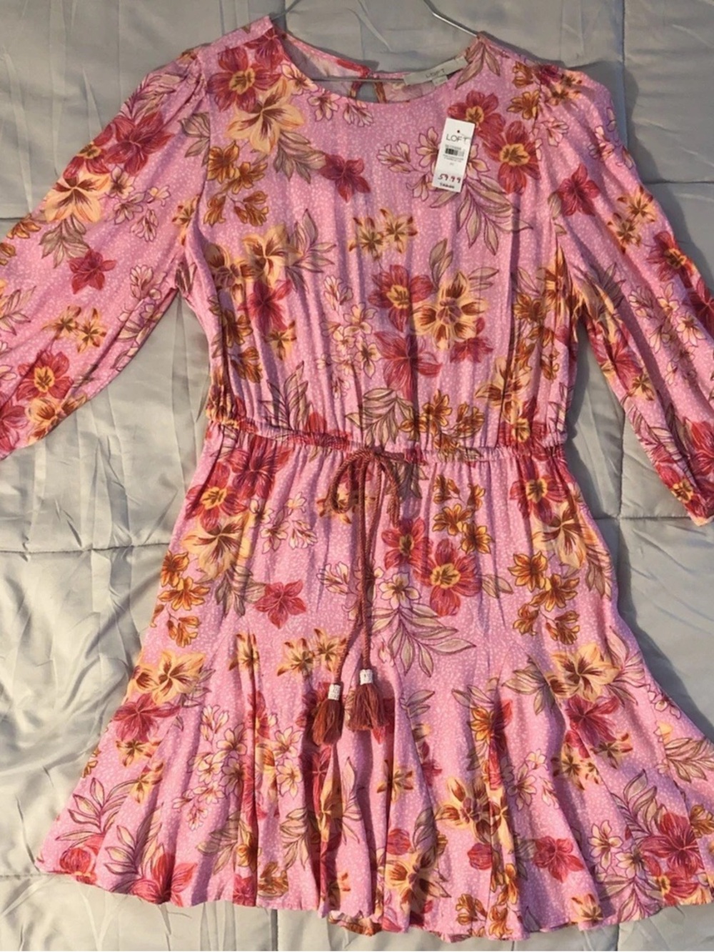 LOFT Pink Floral Tie-Waist Ruffle Hem Dress
